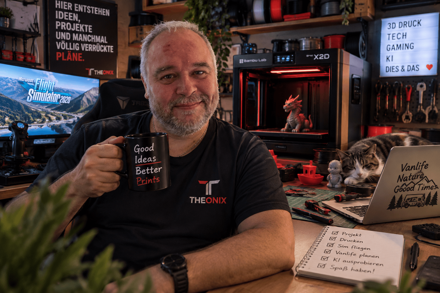 Markus an seinem Hobby-Arbeitsplatz mit 3D-Drucker, Flugsimulator, Technik und kleinen Projekten rund um Gaming, KI und Vanlife.